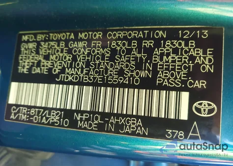 2014 Toyota Prius C Four from USA, damaged, VIN JTDKDTB37E1559410